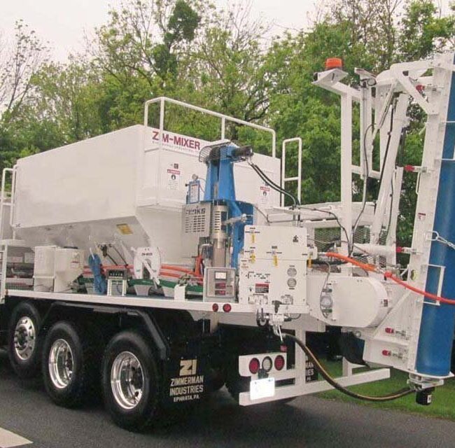 This volumetric concrete mixer is designed for polyester concrete, used for infrastructure repair (bridge and deck overlays). The polyester concrete is flexible and impervious to water. This volumetric concrete mixing truck passed all requirements of the State of California Department of Transportation (CALTRANS).
