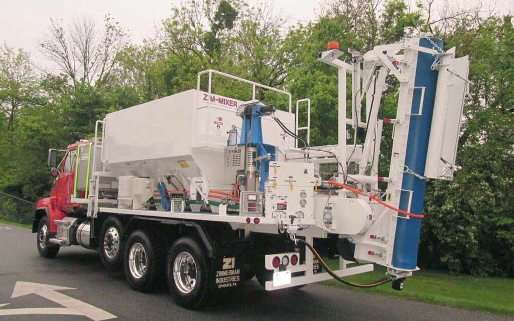 This volumetric concrete mixer is designed for polyester concrete, used for infrastructure repair (bridge and deck overlays). The polyester concrete is flexible and impervious to water. This volumetric concrete mixing truck passed all requirements of the State of California Department of Transportation (CALTRANS).