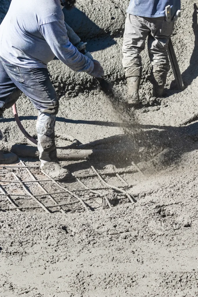 A concrete company on the job site - concrete workers are constructing a swimming pool with gunite mix. Volumetric concrete mixer allows for on-site loading and fresh concrete mixing on the job site.